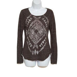 Buckle Womens Blouse M Knit Top Long Sleeve Gray Stretch Tribal Aztec Southwest